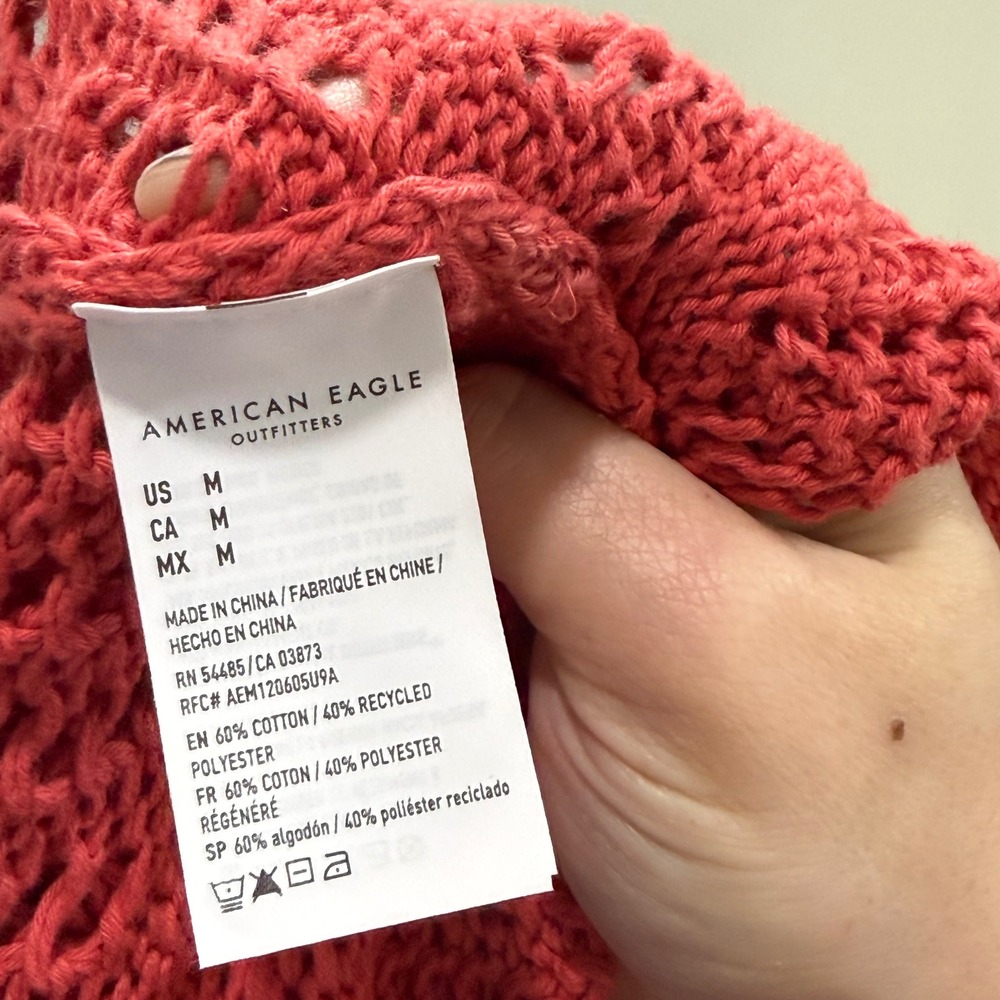 American Eagle Women M Coral Pink Crochet Open Knit V-Neck boho Sweater‎ NEW - Picture 6 of 7